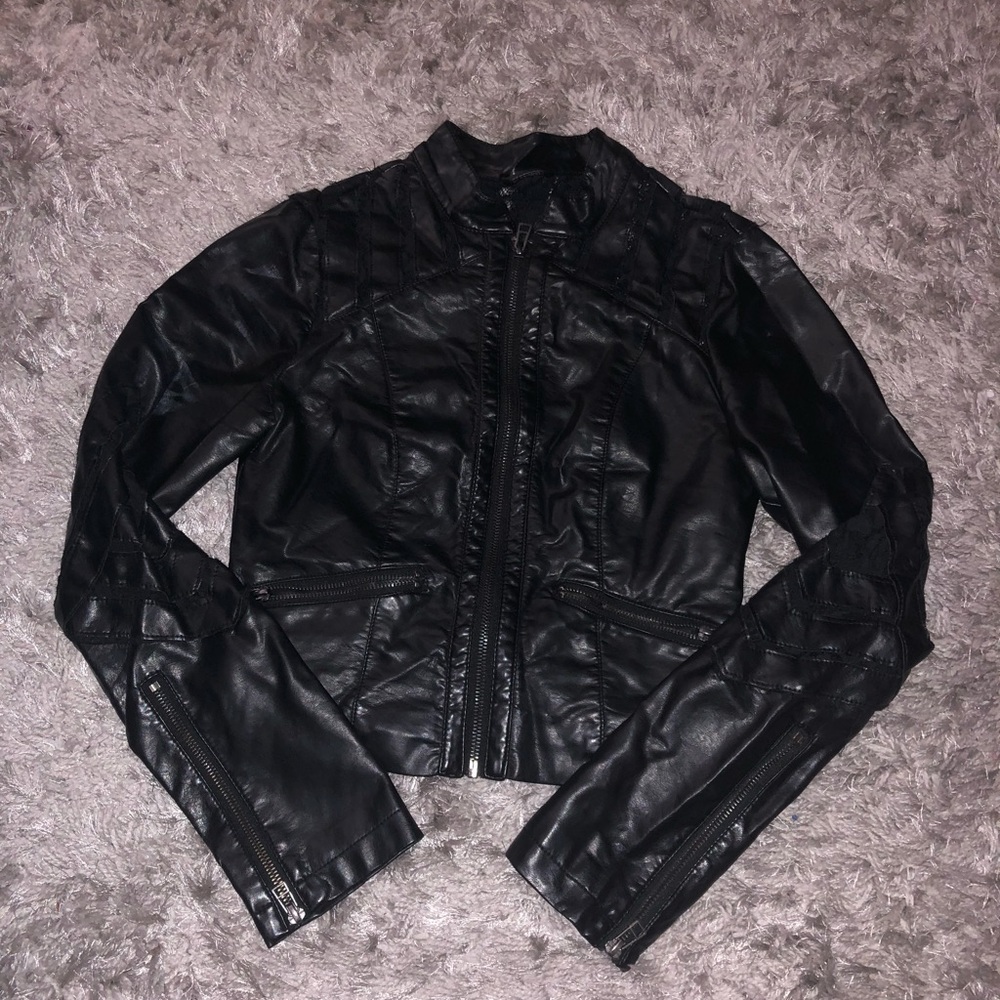 BKE Women’s Faux Leather and Lace Detail Jacket